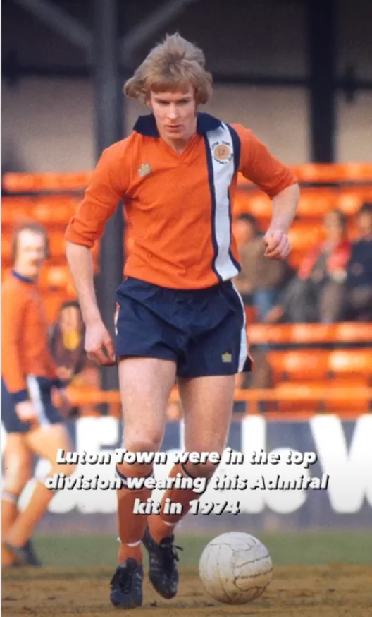 Luton Town player wearing the orange Admiral home kit in 1974